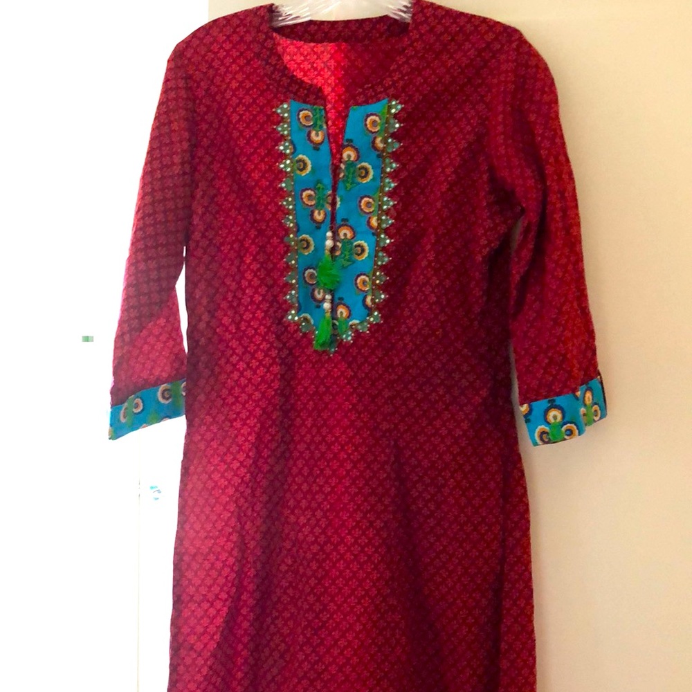 Red Kurta Tunic with Turquoise & Green Detailing